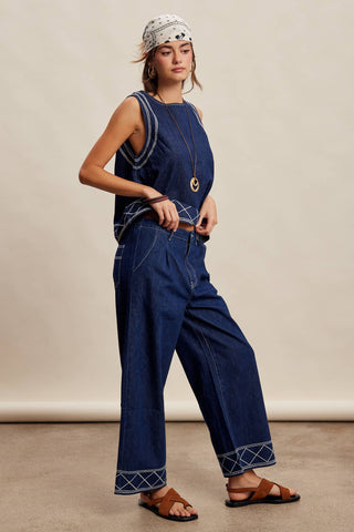 Embroidered Denim Tank & Wide-Leg Pants Set