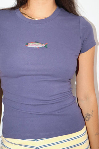 Fish Embroidered Baby Tee in Soft Navy