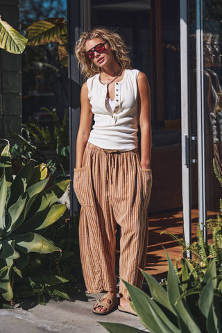 Striped Drawstring Harem Pants in Taupe