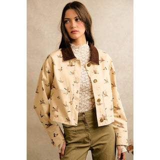 Mallard Duck Print Corduroy-Collar Jacket