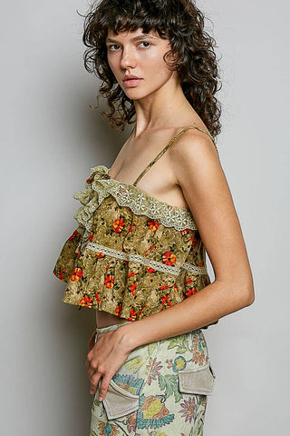 Ruffley Lacey Floral Tank in Olive