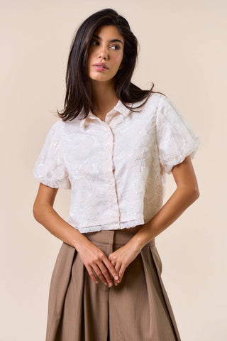 Floral Jacquard Top With Sequin Embroidery in Cream