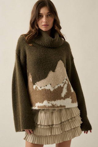 Mountains Fuzzy Jacquard-Knit Turtleneck Sweater