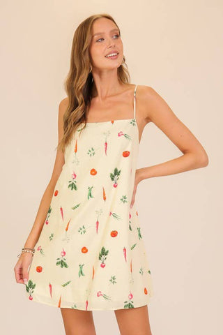 Veggie Print Lace-Back Mini Dress