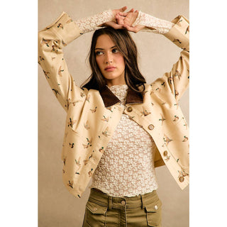 Mallard Duck Print Corduroy-Collar Jacket