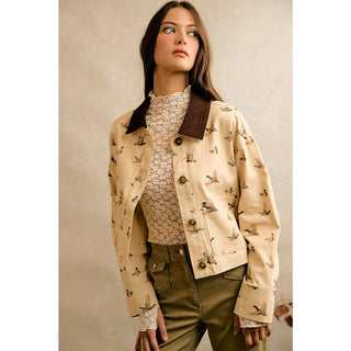 Mallard Duck Print Corduroy-Collar Jacket