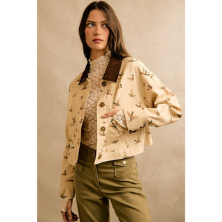 Mallard Duck Print Corduroy-Collar Jacket