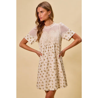 Floral Lace Mini Dress in Beige