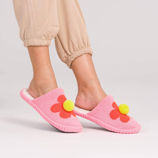 Flower Pom Slide Slippers in Pink