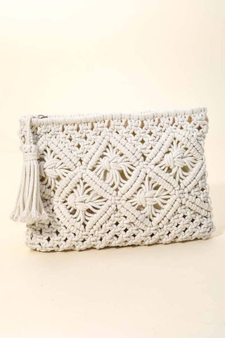 Crochet Clutch Tassel Bag in Ivory