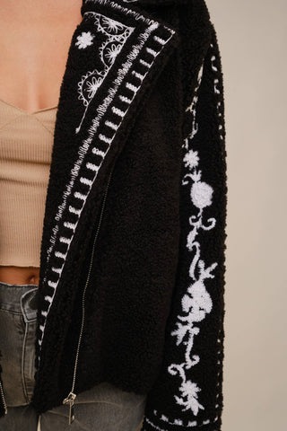 Embroidered Sherpa Rider Jacket in Black
