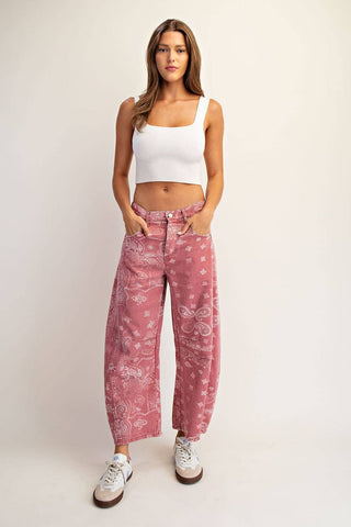 Mineral Washed Paisley Barrel Jeans in Dusty Rose