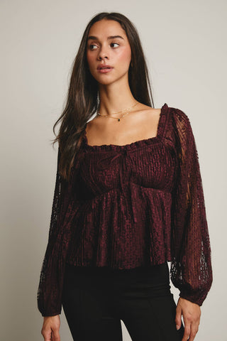 Pleated Lace Peplum Blouse in Burgundy