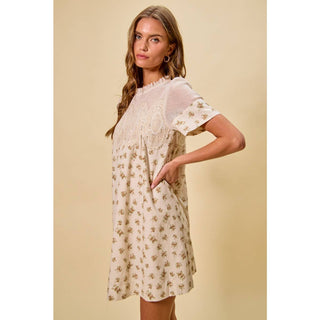 Floral Lace Mini Dress in Beige