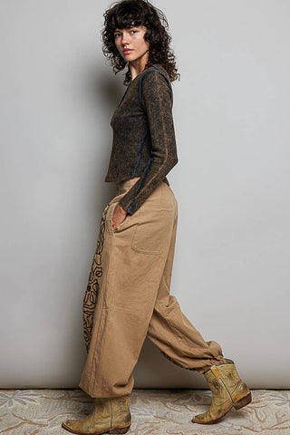 Floral Embroidered Twill Pants in Latte