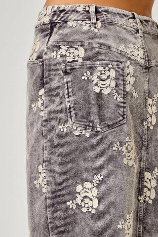 Embroidered Front Slit Corduroy Skirt in Washed Black