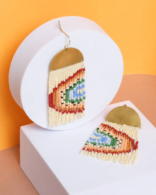 Beaded Handwoven Rainbow Fringe Earrings (Red)