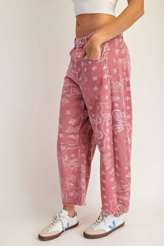 Mineral Washed Paisley Barrel Jeans in Dusty Rose