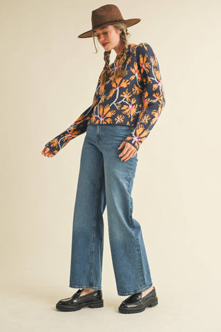 Floral Mock Neck Sweater in Navy