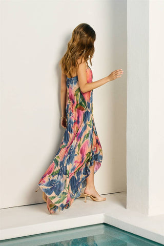 Pleated Maxi Dress in Lapis Bloom