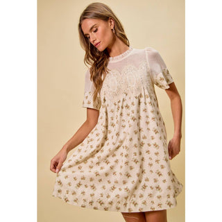 Floral Lace Mini Dress in Beige