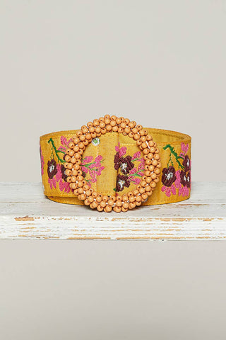 Beaded Circle Buckle Floral Pattern Belt