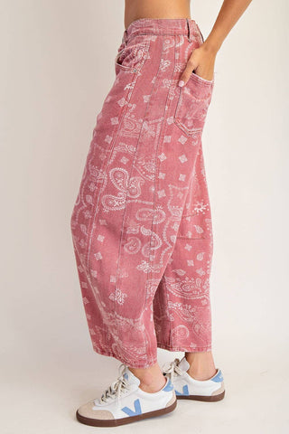 Mineral Washed Paisley Barrel Jeans in Dusty Rose