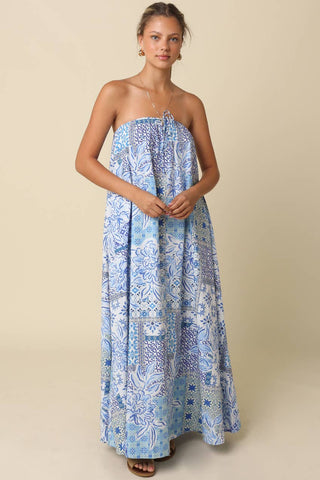 Clover Tile Print Strapless Maxi Dress