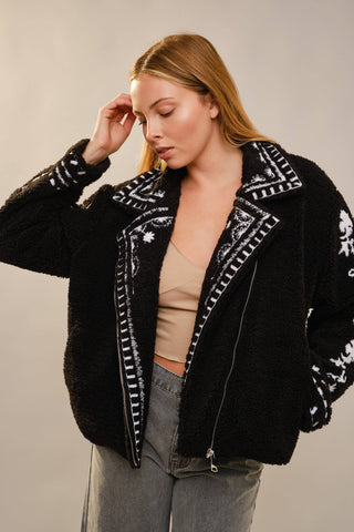 Embroidered Sherpa Rider Jacket in Black