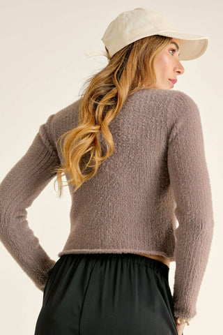 Fuzzy V Neck Crop Top in Mocha