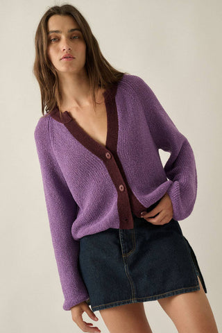 Ribbed Knit Contrast Cardigan Sweater in Aubergine