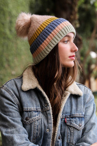 Multi Pastel Stripe Knit Pom Beanie