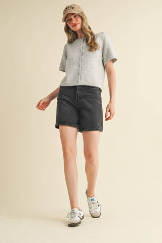 Puff Short Sleeve Cardigan Sweater in Grey