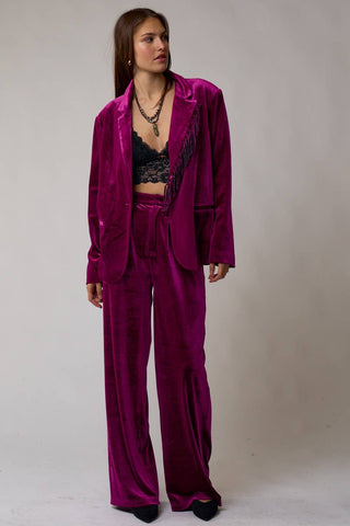Fringed Velvet Blazer Jacket in Berry