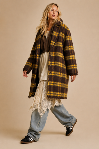 Oversized Plaid Fuzzy Knit Coat