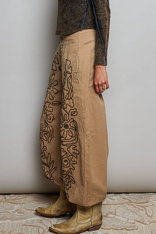 Floral Embroidered Twill Pants in Latte