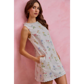 Floral Sleeveless Dress with Lace Trim