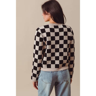 Checkered Knitted Cardigan in Oatmeal