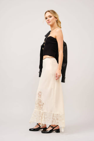 Satin Lace Maxi Skirt in Cream