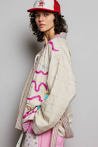 Tie-Belt Embroidery Kimono Cardigan