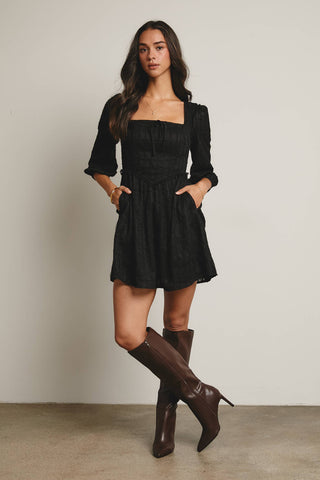 Lace Puff Sleeve Mini Dress in Black