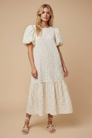 Alcott Textured Puff-Sleeve Midi Dress in Butter Cream – Figgy