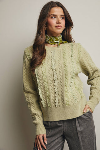 Lace Trim Cable Knit Pullover  in Matcha