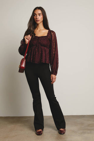 Pleated Lace Peplum Blouse in Burgundy