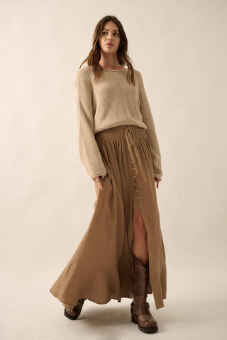 Smocked Front-Slit Maxi Skirt