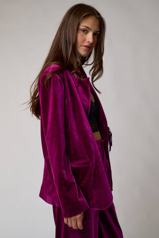 Fringed Velvet Blazer Jacket in Berry