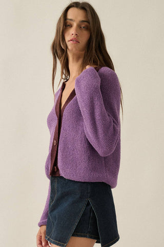 Ribbed Knit Contrast Cardigan Sweater in Aubergine