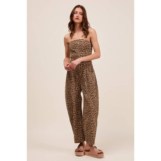 Leopard Denim Strapless Jumpsuit