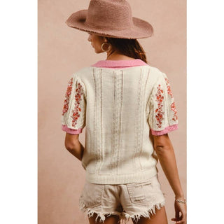 Floral Embroidery Collared Knit Top