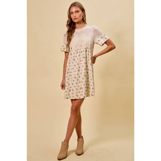 Floral Lace Mini Dress in Beige